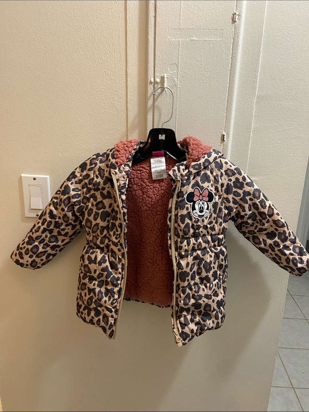 Disney Girls Leopard Print Puffer Jacket with Minnie Patch - Tan & Brown